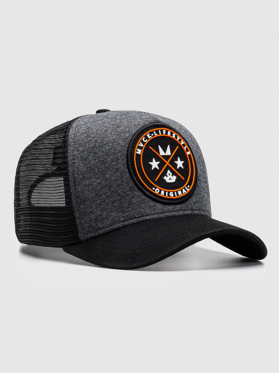 Boné Trucker Brasão Mescla e Laranja MVCK