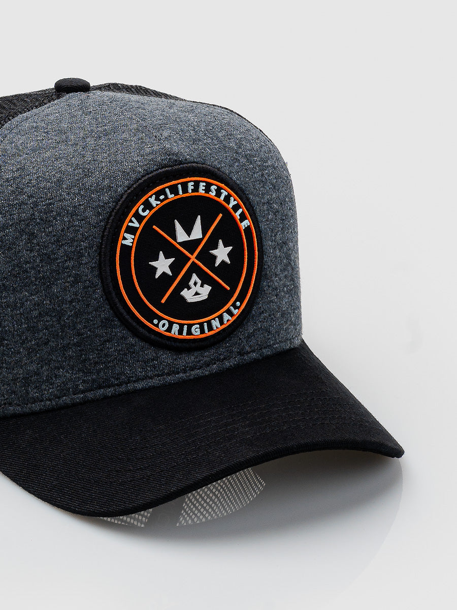 Boné Trucker Brasão Mescla e Laranja MVCK
