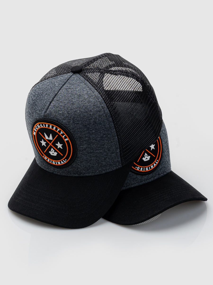 Boné Trucker Brasão Mescla e Laranja MVCK