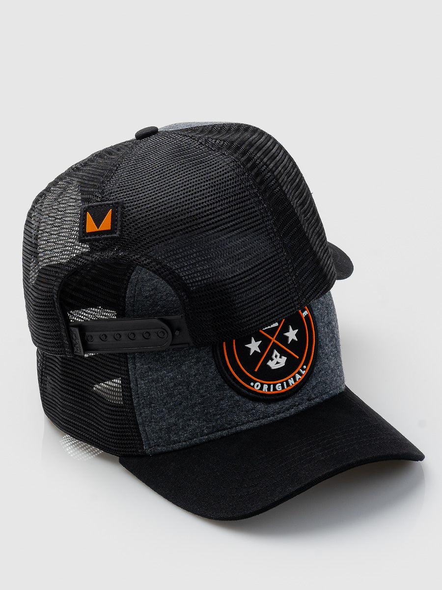 Boné Trucker Brasão Mescla e Laranja MVCK