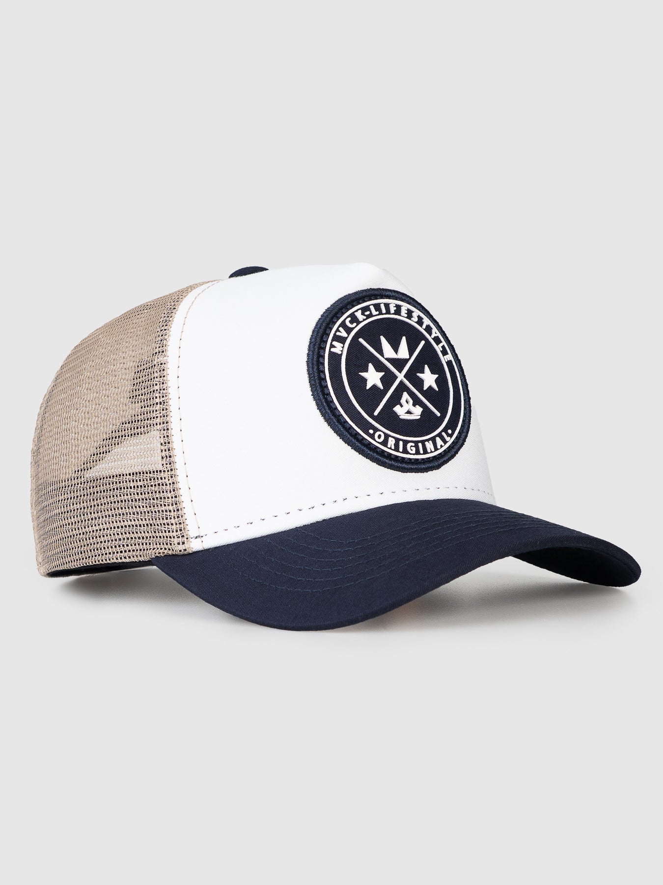 Boné Trucker Brasão Branco e Azul MVCK