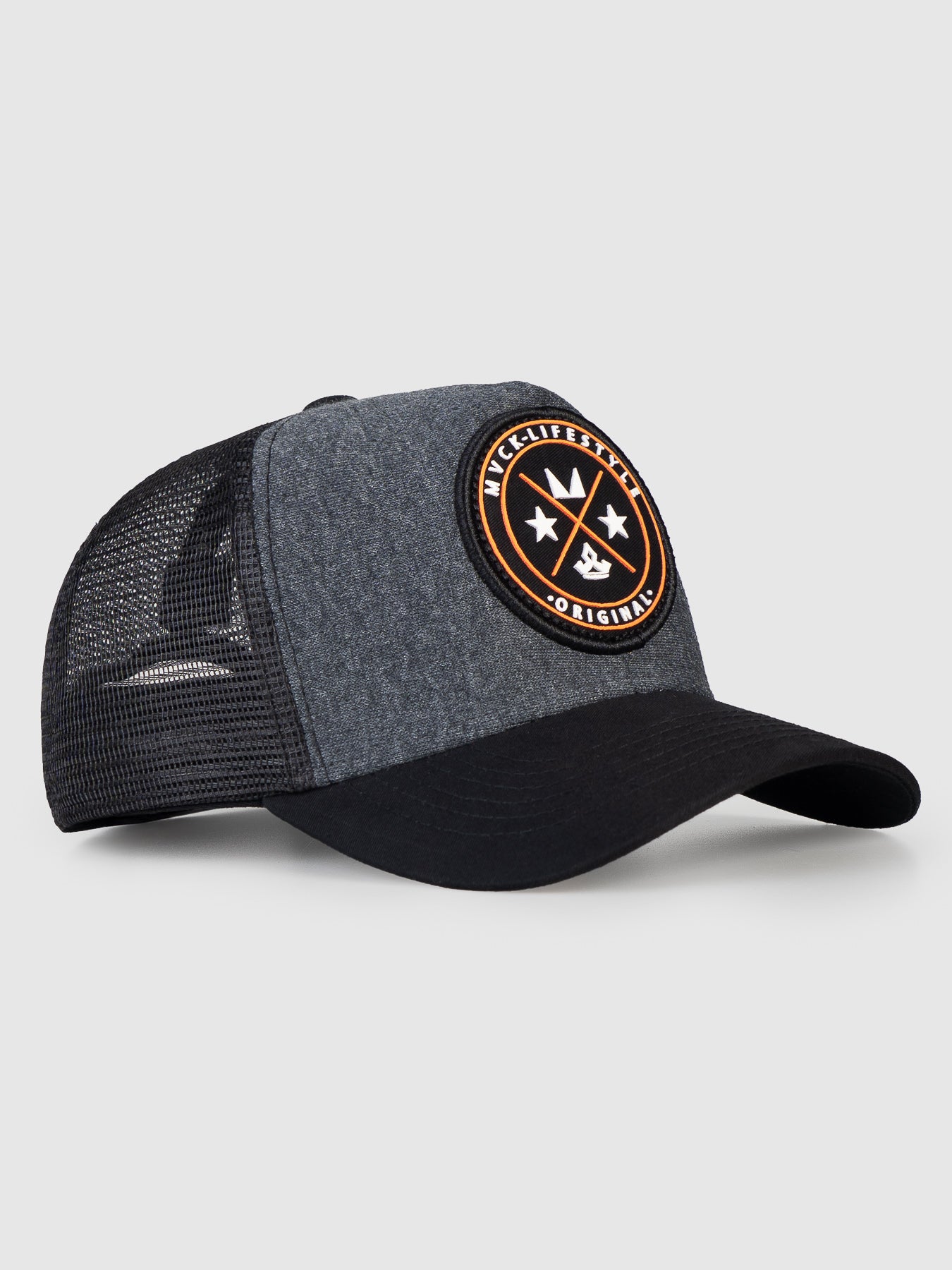 Boné Trucker Brasão Mescla e Laranja MVCK