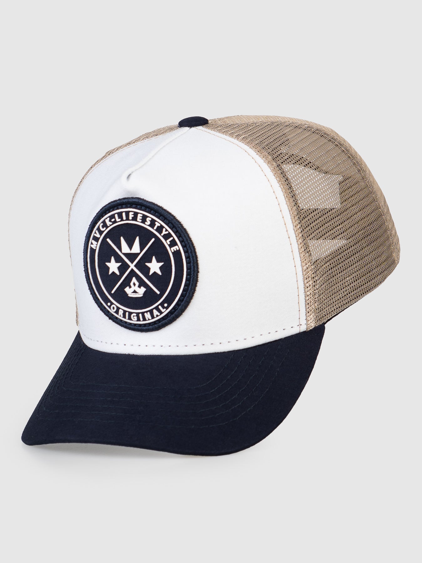 Boné Trucker Brasão Branco e Azul MVCK